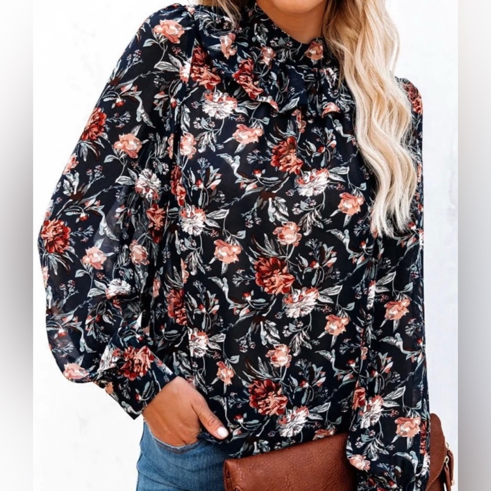 Floral Mock Neck Ruffle Blouse dark blue